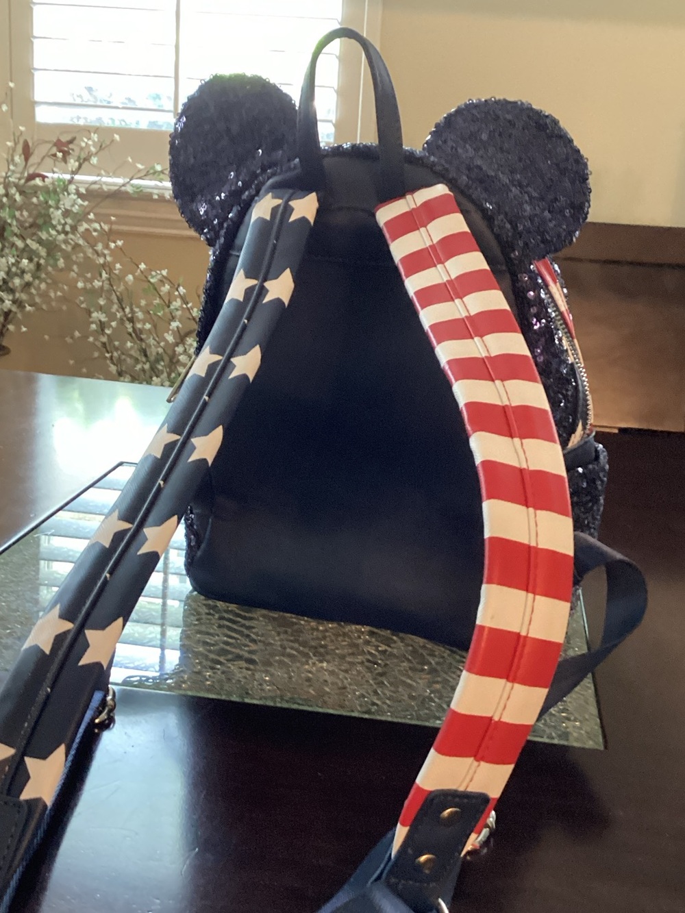 Disney navy blue Sequin Minnie Ear Backpack with Red White Blue Bow - Picture 3 of 9